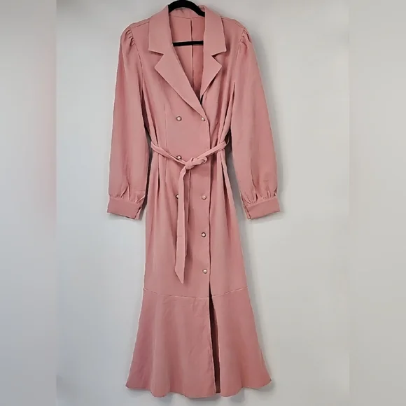 Elegant Salmon Pink Corduroy Double Breast Puff Sleeved Mermaid‎ Hem Dress - Picture 14 of 14